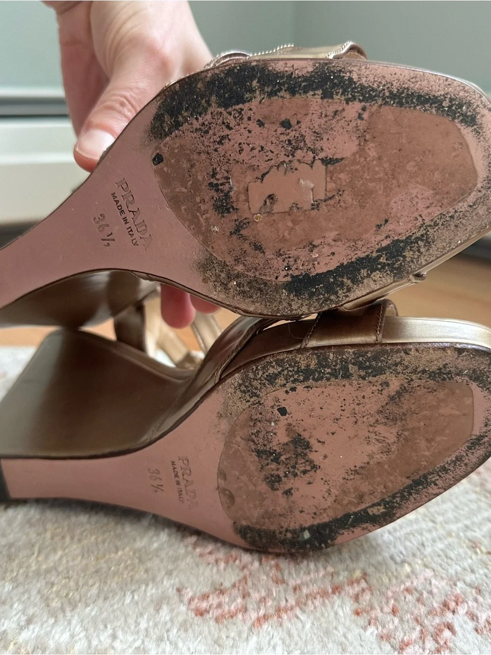 Prada Bronze Metallic Wedge Sandals with Ankle Strap